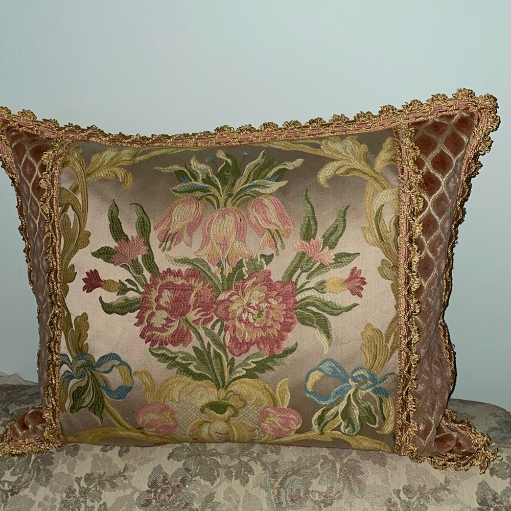 Decorative Pillow and Sham Coral/Sage Brocade Floral, Velvet and Braided…